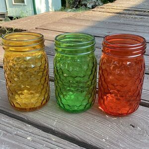 Set 3 Diamond-Quilt Glass Mason Jars – Orange, Green, Amber –‎ 5.5in